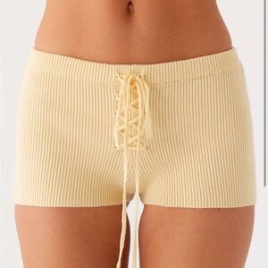 Ribbed Lace-Up Knit Shorts in Pale Yellow